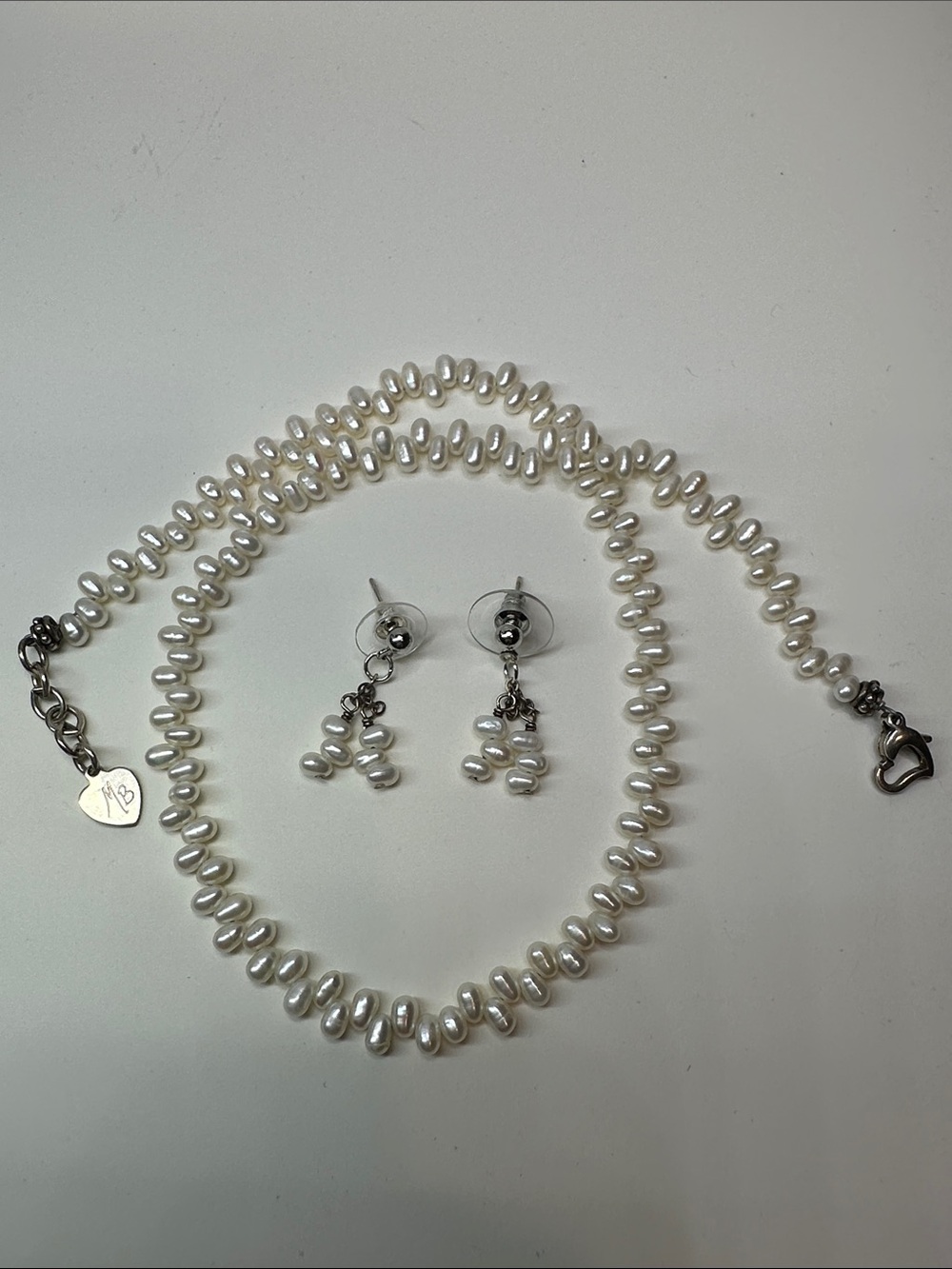 Genuine Pearl Necklace Earrings Set Sterling Silver 925 Signed MB Jewelry Design - Picture 9 of 15